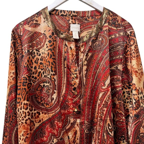 CHICO'S Paisley Blouse XL (Chicos 3) Rust Red Sequin Womens Evening Top - Picture 2 of 10